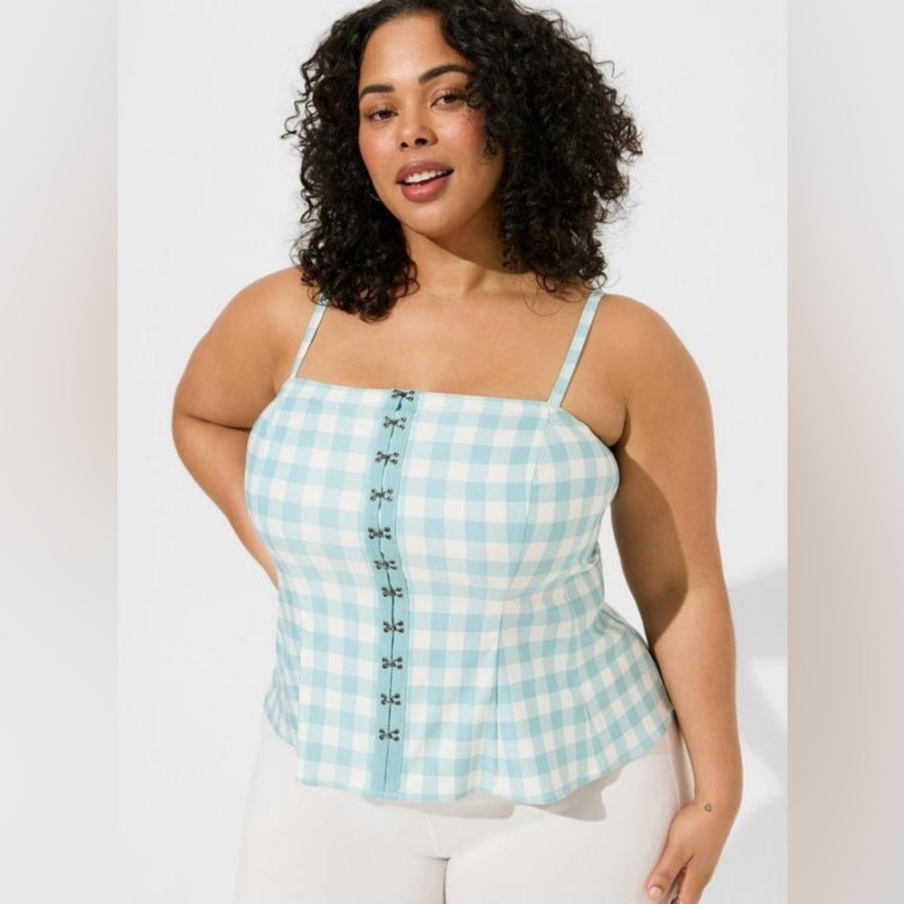 Torrid Women’s Teal and White Plaid Gingham Smocked Crop Top Tank peplum, Sz 2X